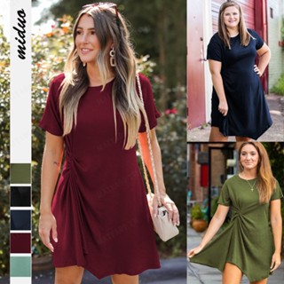 Musthave ชุดเดรสเสื้อยืดลําลอง พร้อมกระโปรงพลีท คอกลม สีพื้น แฟชั่นฤดูร้อน