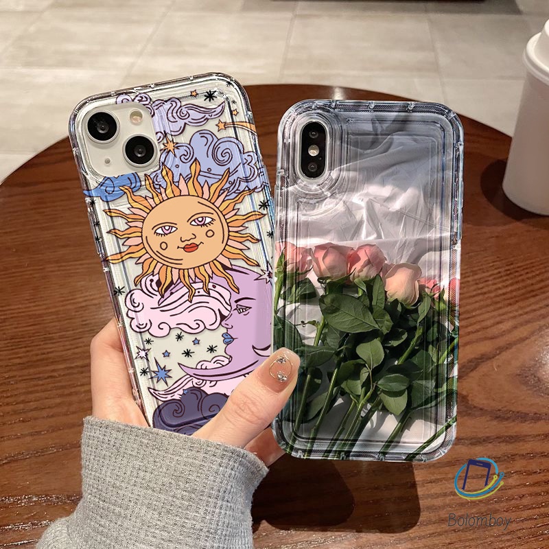คู่เคสโทรศัพท์โปร่งใสสำหรับ Iphone 11 12 13 14 15 Pro Max XR X XS 7 6 8 Plus ดอกกุหลาบ พระจันทร์ดวงอาทิตย์ เปลือกนิ่ม