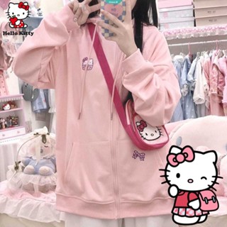 SANRIO เสื้อโค้ทแขนยาวลําลอง มีฮู้ด แต่งซิป พิมพ์ลายการ์ตูน Hello Kitty Kuromi Cinnamoroll น่ารัก แบบเรียบง่าย สําหรับผู้หญิง [GM]