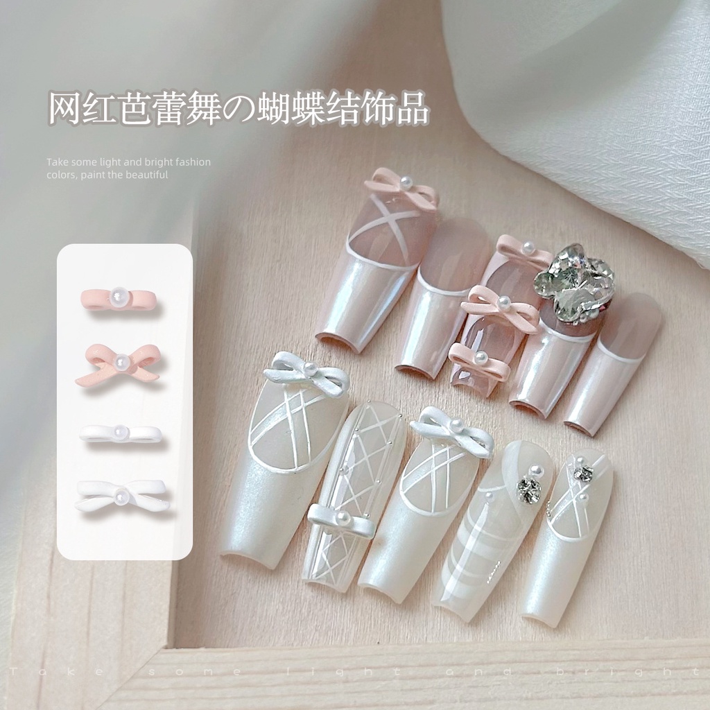รองเท้าบัลเล่ต์หนังโบว์สีชมพูอุปกรณ์แต่งเล็บริบบิ้นผ้าไหมฝรั่งเศส