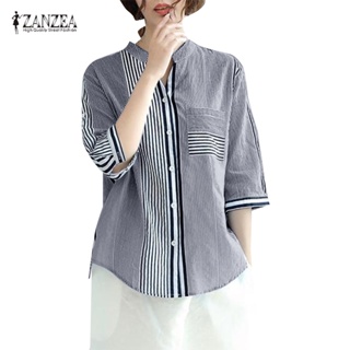 Zanzea เสื้อเชิ้ตแขนสามส่วน คอวี ลายทาง สไตล์เกาหลี สําหรับผู้หญิง