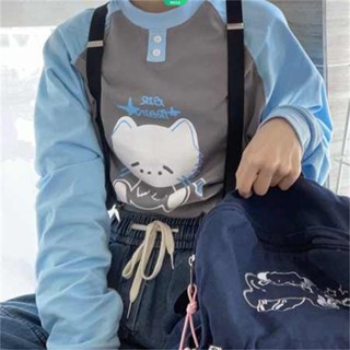 Kawaii เสื้อกันหนาว แขนยาว ทรงหลวม ลายลูกแมว แฟชั่นฤดูใบไม้ผลิ และฤดูใบไม้ร่วง สําหรับผู้หญิง