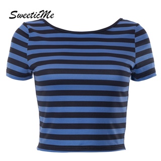 Sweeticme เสื้อยืดลําลอง แขนสั้น คอกลม ลายทาง เข้ากับทุกการแต่งกาย แฟชั่นใหม่ สําหรับสตรี 2023