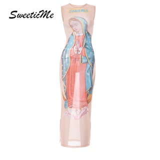 Sweeticme ใหม่ ชุดเดรสยาว ซีทรู แขนกุด คอกลม ผ้าตาข่าย พิมพ์ลาย เซ็กซี่ แฟชั่นสําหรับสตรี 2023