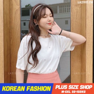 Plus size เสื้อผ้าสาวอวบ❤ เสื้อยืดสาวอวบอ้วน ไซส์ใหญ่ ผู้หญิง ทรงหลวม แขนสั้น คอกลม สีขาว ฤดูร้อน สไตล์เกาหลีแฟชั่น