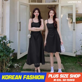 Plus size เสื้อผ้าสาวอวบ❤ เดรสสาวอวบอ้วน ไซส์ใหญ่ ผู้หญิง เดรสสายเดี่ยว ยาว แขนกุด คอเหลี่ยม สีดำ ฤดูร้อน สไตล์เกาหลีแฟชั่น