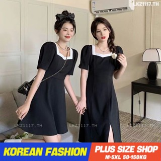 Plus size เสื้อผ้าสาวอวบ❤ เดรสสาวอวบอ้วน ไซส์ใหญ่ ผู้หญิง เดรสออกงาน ทรงหลวม แขนสั้น คอเหลี่ยม สายผูกโบว์ แยก สีดำ ฤดูร้อน สไตล์เกาหลีแฟชั่น
