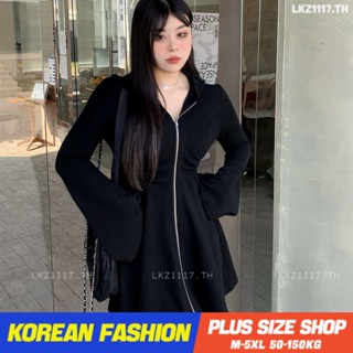 Plus size เสื้อผ้าสาวอวบ❤ เดรสสาวอวบอ้วน ไซส์ใหญ่ ผู้หญิง มีฮู้ด ทรงหลวม แขนยาว คอวี มีซิป สีดำ ฤดูร้อน สไตล์เกาหลีแฟชั่น