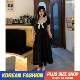 Plus size เสื้อผ้าสาวอวบ❤ เดรสสาวอวบอ้วน ไซส์ใหญ่ ผู้หญิง เดรสออกงาน ยาว แขนสั้น คอเหลี่ยม สีดำ ฤดูร้อน สไตล์เกาหลีแฟชั่น