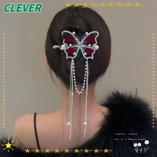 Clever กิ๊บติดผมหางม้า ประดับพู่คริสตัล รูปผีเสื้อ สีแดง สไตล์เรโทร สําหรับผู้หญิง