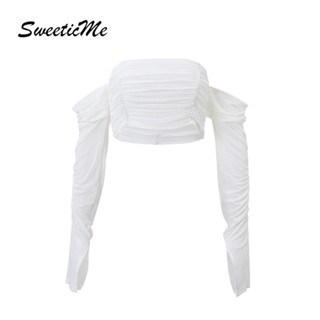 Sweeticme เสื้อยืดแขนยาว เปิดไหล่ สีพื้น เข้ากับทุกการแต่งกาย แฟชั่นสําหรับผู้หญิง 2023