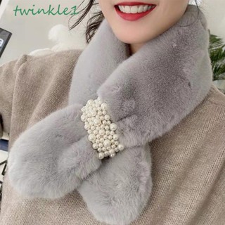 Twinkle1 ผ้าพันคอ ผ้าคลุมไหล่ ขนกระต่ายเทียม ประดับไข่มุก แฟชั่น