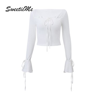 Sweeticme ใหม่ เสื้อยืดลําลอง คอกลม แขนบาน ผูกโบว์ สีพื้น แฟชั่นสําหรับสตรี 2023