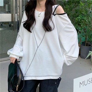 เสื้อกันหนาว มีฮู้ด เปิดไหล่ มีซิป ทรงหลวม ขนาดใหญ่ แฟชั่นสําหรับผู้หญิง