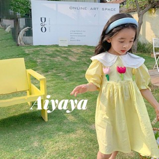 Aiyaya ชุดเดรสเด็กผู้หญิง ชุดเด็กเกาหลี แขนพัฟ ปลอกคอตุ๊กตา ลายดอกไม้ แฟชั่นฤดูร้อน 2023 （759）