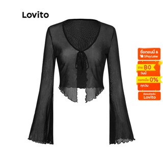 Lovito เสื้อคาร์ดิแกนลำลอง แขนทรัมเป็ต ผูกเชือก สีพื้น สไตล์ Y2K สำหรับผู้หญิง L52AD060 (สีดำ)