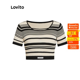 Lovito เสื้อถักลําลอง คอกลม ลายทาง สีกากี ขาว ดํา ขาว สําหรับผู้หญิง L41AD010