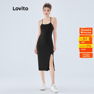 Lovito ชุดเดรส สายไขว้ ผูกหลัง ผ่าข้าง ลำลอง สำหรับผู้หญิง L49ED091 (สีดำ)