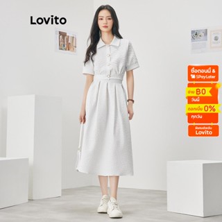 Lovito ชุดกระโปรง คอปก มีโบด้านหน้า สีพื้น สไตล์ลำลอง สำหรับผู้หญิง L52AD110 (เสื้อ/กระโปรง)