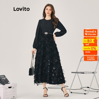 Lovito เดรสยาว คอกลม สีพื้นคอนทราส ทรงเอ สำหรับสตรี L47ED098 (สีดำ)