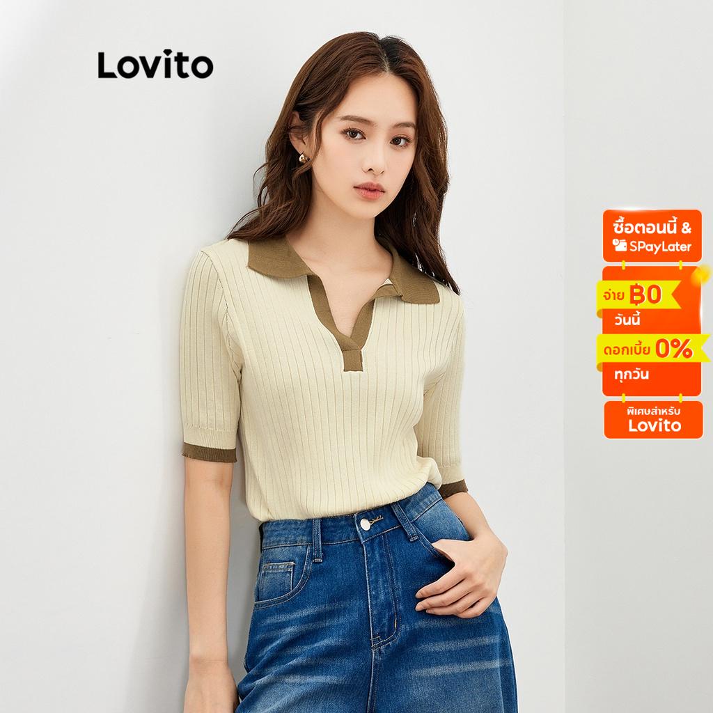 Polo Shirts 180 บาท Lovito เสื้อโปโลสไตล์ลำลอง ลายถัก สำหรับสตรี L47ED020 (สีแอปริคอท) Women Clothes