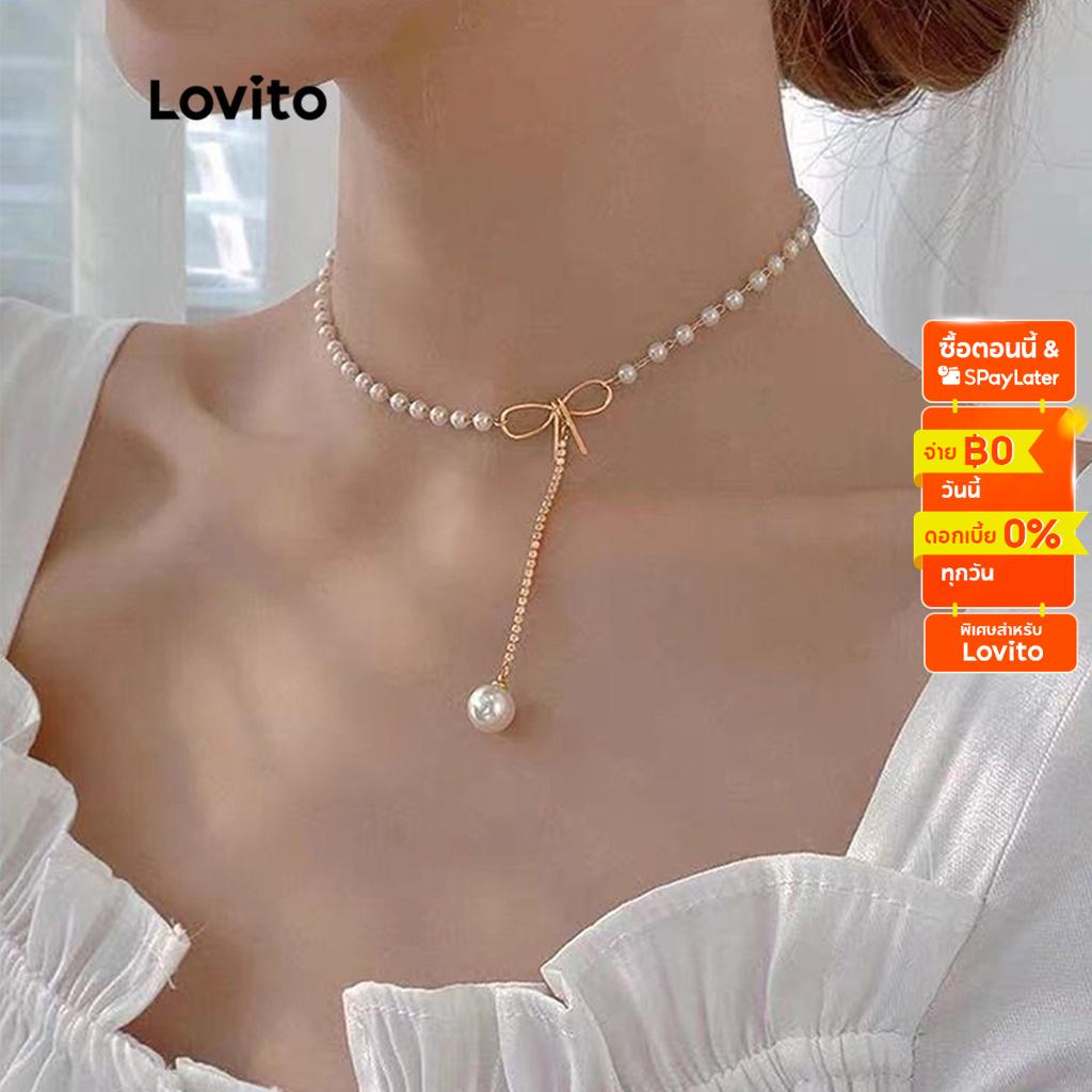 Lovito สร้อยคอโบไข่มุก แต่งไรน์สโตน สไตล์ลำลอง สำหรับผู้หญิง L50AD169 (สีขาว)