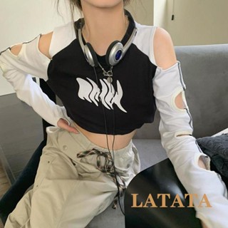 Latata- เสื้อครอปท็อปแขนยาว คอกลม แบบสวมหัว ฉลุลาย สีตัดกัน แฟชั่นฤดูใบไม้ผลิ สําหรับผู้หญิง S M L