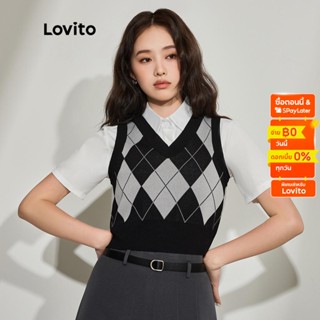 Lovito เสื้อถักเพรพพี่ ลายตาราง ทรงเรขาคณิต L45AD021(สีดำ)