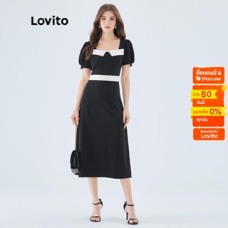 Lovito ชุดแม็กซี่เดรส แขนสั้น ทรงเอ แต่งเทป หรูหรา สีพื้น สำหรับผู้หญิงL49ED119 (ขาวดำ)