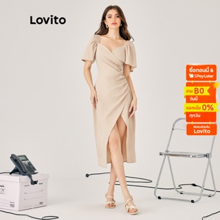 Lovito เดรสคอวี ทรงเอ แบบผ่า จีบย่น แขนบาน สีพื้น สำหรับผู้หญิง L47ED076 (สีชมพูอ่อน)