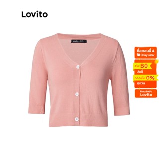 Lovito เสื้อถักผู้หญิง คอวี แขนครึ่ง กระดุมหน้า แบบลำลอง L33LD095 (สีชมพู)