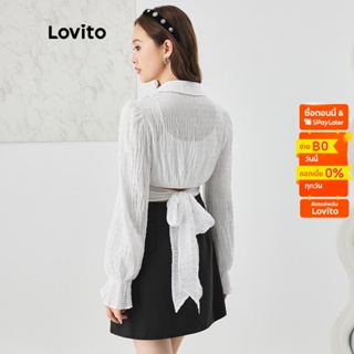 Lovito เสื้อเบลาส์ คอปก แต่งโบหลัง สีพื้น สไตล์ลำลอง สำหรับผู้หญิง L47AD027 (สีขาว)