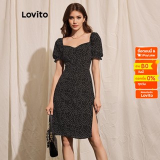 Lovito เดรสผ่าหน้า แขนพอง ลายจุด สไตล์ลำลอง แฟชั่นผู้หญิง L39LD011 (สีดำ)