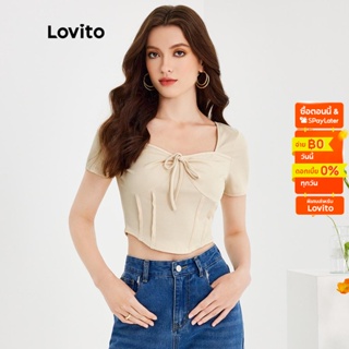 Lovito เสื้อยืด คอกลม แขนสั้น แต่งลูกไม้ สำหรับสตรี L51ED033 (สีแอปริคอท)