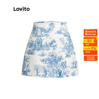 Lovito มินิสเกิร์ตโบโฮ ลายดอกไม้ เอวเเยก สำหรับสตรี L45ED075 (สีน้ำเงินขาว)