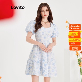 Lovito เดรสลำลองลายดอกไม้ แจควาร์ด เเขนพอง สำหรับสตรี L51ED128 (สีน้ำเงิน)