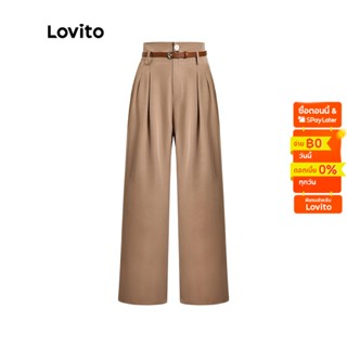 Lovito กางเกงหรูหราลำลอง มีเข็มขัด อีดจีบหน้า สำหรับสตรี  L49ED084 (สีน้ำตาล)