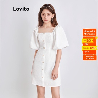 Lovito ชุดเดรส แขนพัฟ ติดกระดุมด้านหน้า สีขาว สําหรับผู้หญิง L44EE021