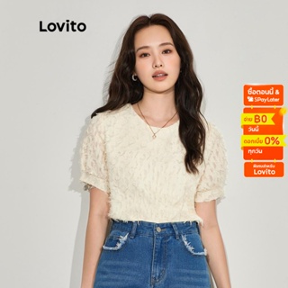 Lovito เสื้อเบลาส์ กระดุมติด จับจีบ คอกลม แขนสั้น สีพื้น สไตล์ลำลอง สำหรับผู้หญิง L45ED020 (สีแอปริคอท)