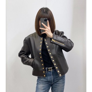 QVBX CEL Beaute 2023 spring and summer new golden buckle leather jacket small coat off shoulder loose three-dimensional cutting casual fashion elegant personality