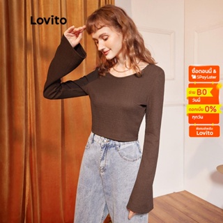 Lovito เสื้อยืดทรงครอป แขนบาน สีพื้น สไตล์ลำลอง แฟชั่นผู้หญิง L37ED072 (สีน้ำตาล)