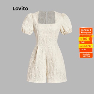 Lovito ชุดรอมเปอร์ผ้าแจ็คการ์ด แขนพอง สีพื้น สไตล์ลำลอง แฟชั่นผู้หญิง L39LD035 (สีออฟไวท์)