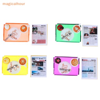 Magicalhour^^ โมเดลส้อมกระดาษกาแฟจิ๋ว 1:12 พร้อมถาด สําหรับตกแต่งบ้านตุ๊กตา 1 ชุด