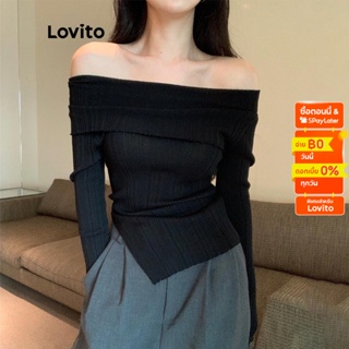 Lovito เสื้อยืดลำลอง สีพื้นทรงอสมมาตร เปิดไหล่ สำหรับสตรี L45AD001(แอพริคอท)