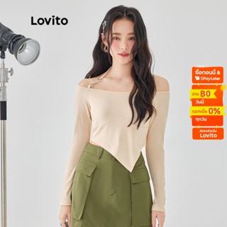 Lovito เสื้อยืด แขนยาว คอเรือ ผ้าร่อง ทรงอสมมาตร สีพื้น สไตล์ลำลอง สำหรับผู้หญิง L49AD009 (สีแอปริคอท)