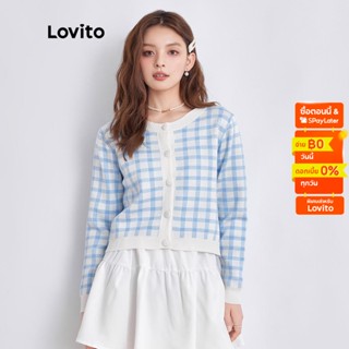 Lovito คาร์ดิแกนลำลอง ลายเชคเกอร์บอร์ด เสื้อถัก L37AD086 (สีดำและขาว)