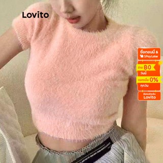 Lovito เสื้อถักสีพื้น เบสิก แขนสั้น สำหรับสตรี L45AD020(สีขาว/สีชมพู/สีม่วง/สีแดง/สีดำ)