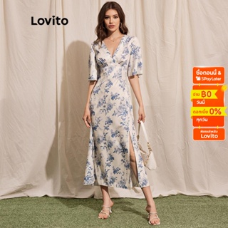 Lovito เดรสคอวี แขนบาน ผ่าหน้า ลายดอกไม้ สไตล์หรูหรา แฟชั่นผู้หญิง L39LD029 (สีน้ำเงิน)