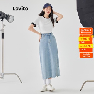 Lovito เสื้อยืดแขนสั้น คอกลม ผ้าถัก สีพื้น แต่งขอบสี สไตล์ลำลอง สำหรับผู้หญิง L49AD015 (สีออฟไวท์)