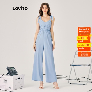 Lovito ชุดจั้มสูทผู้หญิง มีสายผูก เชือกผูก สีพื้น สไตล์ลำลอง L37ED026 (สีฟ้าอ่อน)